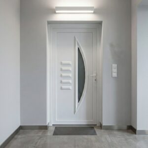 Műanyag bejárati ajtó - vitorlás kivitel- 70mm-es profil, 24mm-es panel, 2 rétegű üveg, zártszelvény merevítéssel